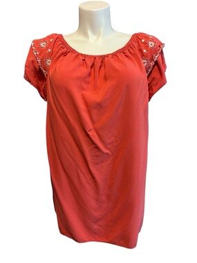 St. John's Bay Coral Red Embroidered Short Sleeve Blouse